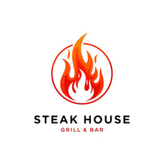 Vibrant fire flame icon within a red circle for steak house grill and bar logo