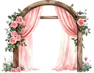 Rustic wooden arch with pink roses, curtains. Elegant wedding decor