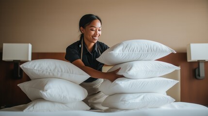 Hotel housekeeper arranging plush white pillows on a bed