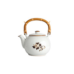 A ceramic tea set with teacups on a white background
