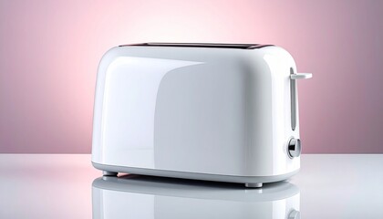 White two-slice toaster on reflective surface with pink-purple gradient background, sleek and minimal design.