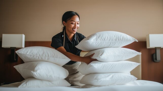 Hotel housekeeper arranging plush white pillows on a bed