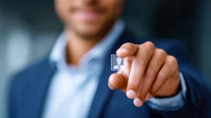 Man selecting profile digitally. A man points to a digital icon that represents a user profile. He is dressed in a suit in an indoor setting.
