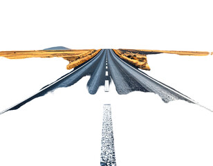 Long straight road through landscape, perspective vanishing point