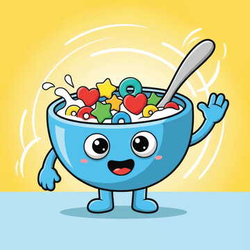 Happy anthropomorphic cereal bowl character waving with spoon in a bright colorful breakfast scene.
