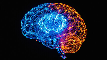 glowing abstract brain network structure with blue and orange lights