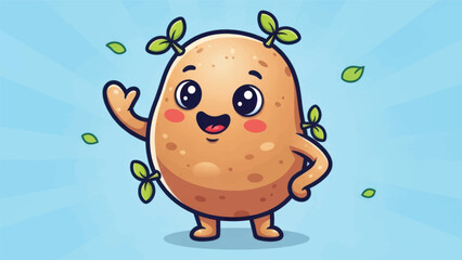 Naklejka premium Cheerful cartoon potato character waving leaves against a bright blue sky.