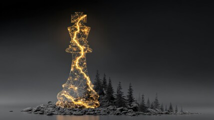 Chess Queen Illuminated by Golden Lightning Bolt in a Dark, Strategic Landscape.