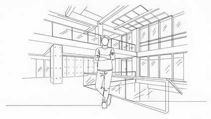 Obraz premium Businessman walking in modern office building with minimalist line art style in monochrome grayscale for architectural design