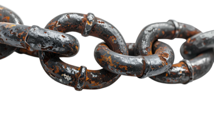 Close-up of a weathered, rusty metal chain against a black background