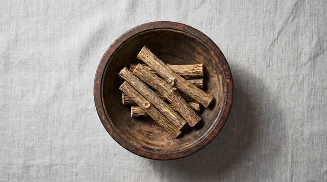 Dried Giloy (Guduchi) Stems in Rustic Wooden Bowl, Top View - (Tinospora cordifolia) placed in a rustic wooden bowl on textured fabric background.