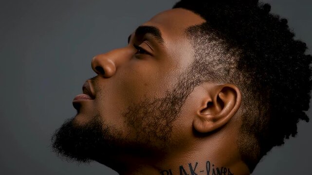 Young Black Man Head Tilted Eyes Closed Neck Tattoo Dramatic Gray Background