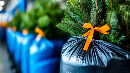 Christmas trees in bags. Christmas trees are ready for pickup in bags at a collection site. Each tree has a bright orange bow tied around it.