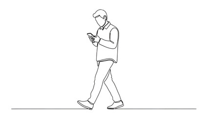 Man walking with smartphone in minimalist line art style with monochrome color on white background for mobile app illustration