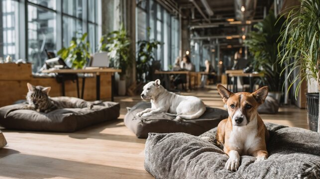 Three pets relaxing on cushioned beds in modern pet friendly office space with corgi, white dog and tabby cat resting comfortably in bright industrial workspace with plants and people background