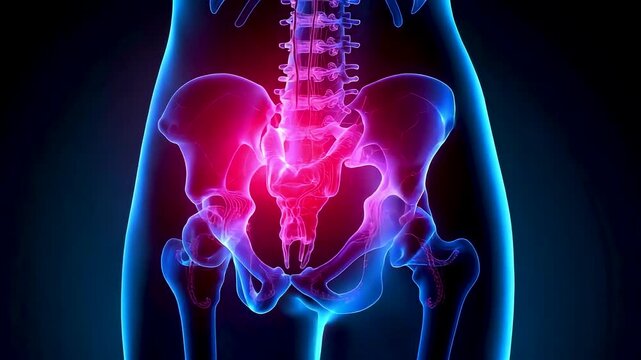 Glowing Human Pelvis Spine Lower Back Pain Inflammation Blue Red Anatomy View