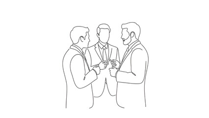 Three Businessmen Discussing Project in Modern Office Environment Line Art
