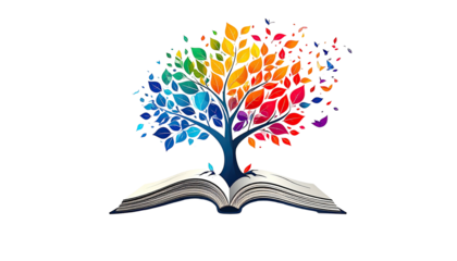 A colorful tree with rainbow leaves emerging from an open book