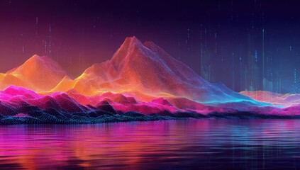 Vivid digital illustration of a mountain range reflecting in water under a starry, colored sky