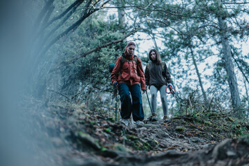 Two women hiking on a rocky forest trail with backpacks. They walk along the path among trees, gear in hand, looking ahead.