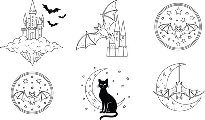 Whimsical Halloween bat, cat and castle outline illustration set, moon and stars fantasy night vector icons, cute spooky holiday line art designs © Ideasy Mind