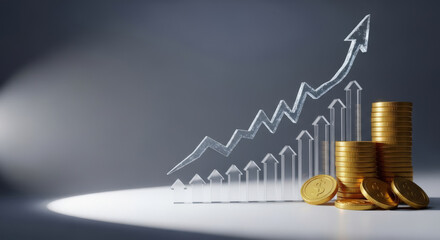 Financial Growth and Success A Visual Representation of an Upward Trending Arrow with Stacks of Coins Symbolizing Investment Growth and Economic Prosperity
