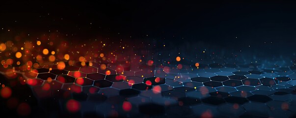 Hexagonal cellular structure with red and blue gradients, illuminated by bokeh lights and particles