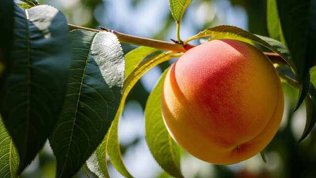 Close up of a vibrant ripe fuzzy peach hanging from a branch surrounded by lush green leaves in summer - Powered by Adobe