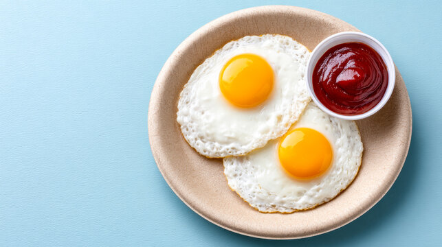 Eggs and ketchup breakfast. Two fried eggs sit on a plate next to a bowl of ketchup on a blue table. - Powered by Adobe