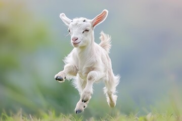 Obraz premium Playful white baby goat kid jumping happily on green grass in spring