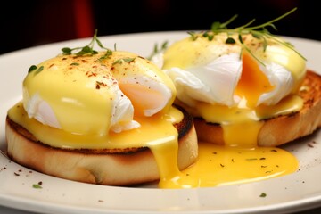 Delicious poached eggs topped with creamy hollandaise sauce served on toasted bread for a mouthwatering breakfast experience