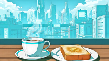 Cup of Coffee and Buttered Toast placed on Wooden Table, with view of Cyberpunk Sprawl atmosphere at Daylight, Anime Lo-fi style in Cyan Blue 