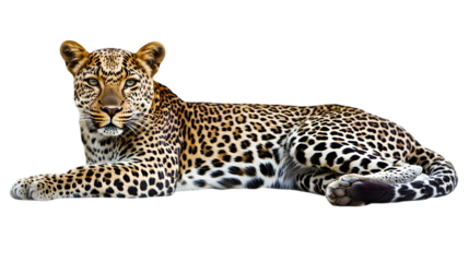 Isolated leopard with detailed spotted coat on pure white background looking at camera