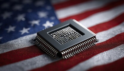 Close-up of a central processing unit (CPU) resting atop the American flag