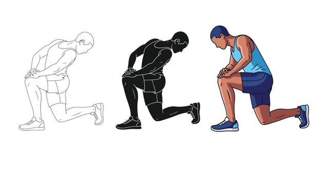 Three variations of a man performing a kneeling hip flexor stretch exercise illustration outline, silhouette and full color