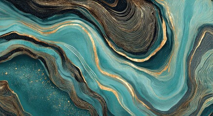 Artistic abstract with teal, dark teal, gold, and brown liquid wave textures