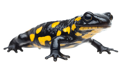 Fire salamander with distinctive black and yellow spots on pure white background