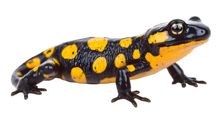 Fire salamander with distinctive black and yellow spots on body and legs on pure white background
