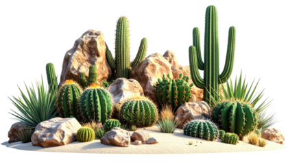 Desert scene with diverse cactus types, rocks, and sparse vegetation