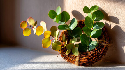 Small nest of green leaves. A small nest holds green leaves with yellow tips on a gray surface under soft light in a bright room.
