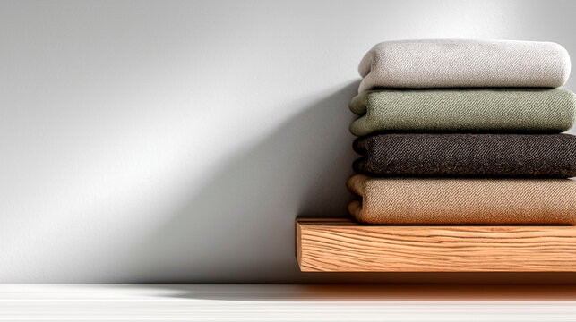 Stack of folded neutral-colored knit sweaters on wooden shelf against light gray wall in minimal interior
