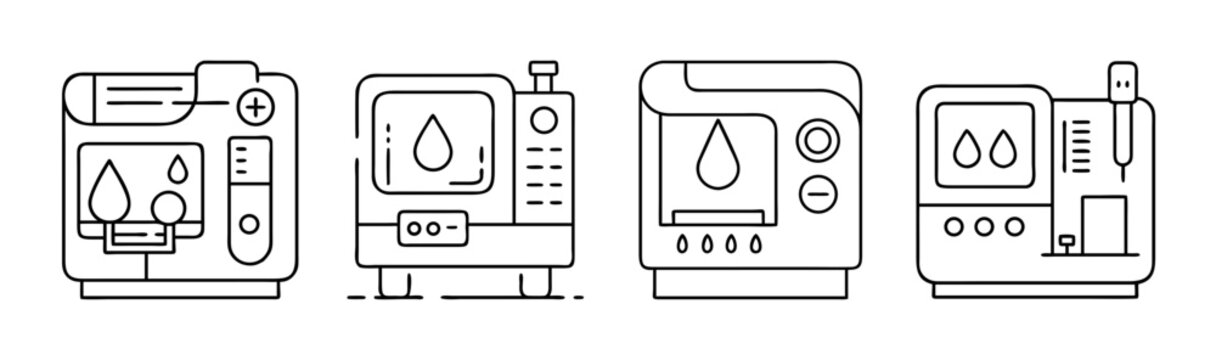 Medical laboratory equipment line icons for fluid and blood sample analysis