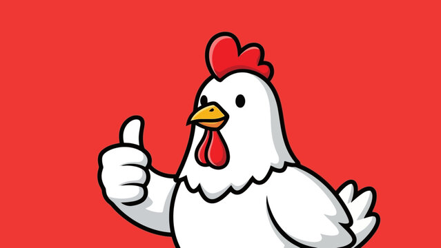 A charming cartoon illustration of a white chicken giving a thumbs-up gesture on a vibrant red background, perfect for lighthearted themes