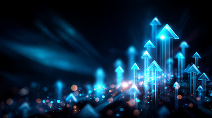 Myriad of luminous blue arrows pointing upward against dark backdrop, upward movement symbolism, dynamic growth visualization, progress concept, defocused depth, with copy space