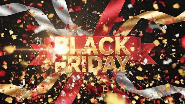 Black Friday Sale Golden Text on Red Ribbon with Confetti and Ribbons on Black Background.