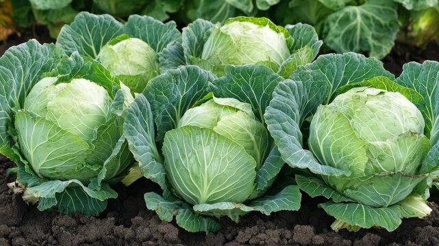 Fresh Cabbages Growing in the Garden - A Close-Up View.