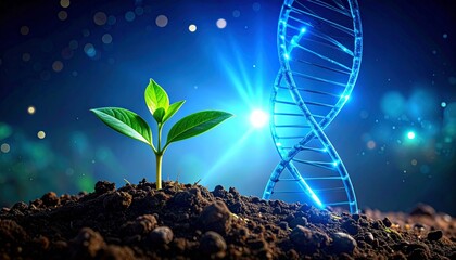 Young plant and glowing DNA helix in dark biotech scene
