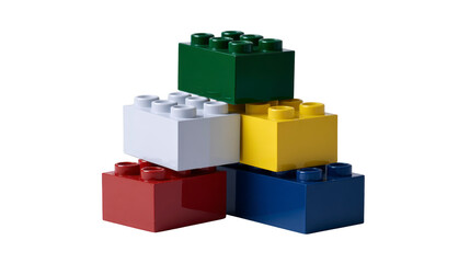 Obraz premium Colorful plastic building blocks stacked in playful arrangement featuring red white yellow green blue and black pieces evoking creativity and childhood fun