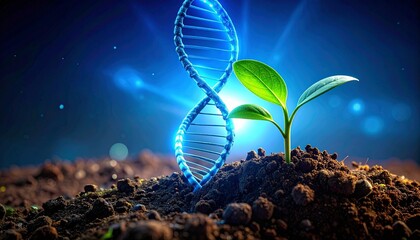 Young plant and glowing DNA helix in dark biotech scene