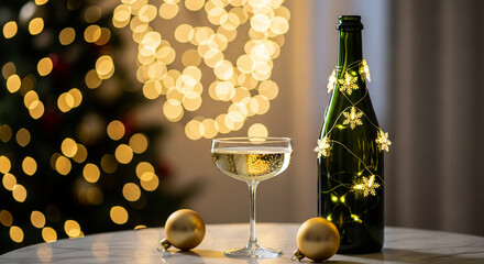Festive image of a glass filled with sparkling liquid, next to a bottle decorated with lights, and ornaments; symbolizes celebration and holiday cheer